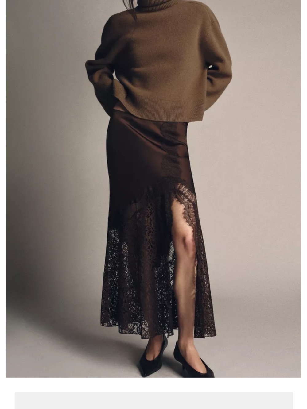 Zara Brown Lace-Trim Maxi Slip Skirt
